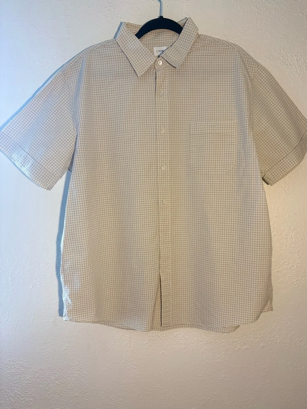 J Crew Mens Short Sleeve Tan Plaid Collared Casual Preppy Shirt Size XL